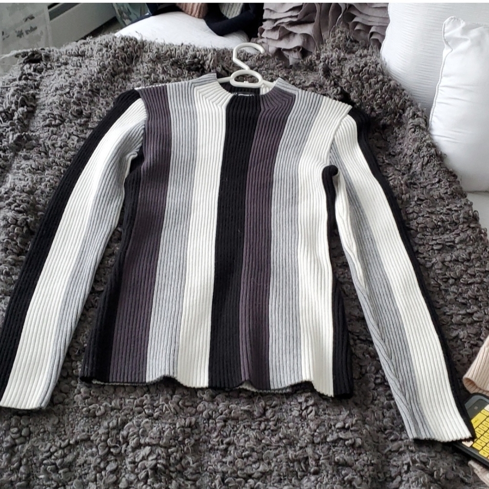 Gray and Black Turtleneck Sweater with Vertical Stripes